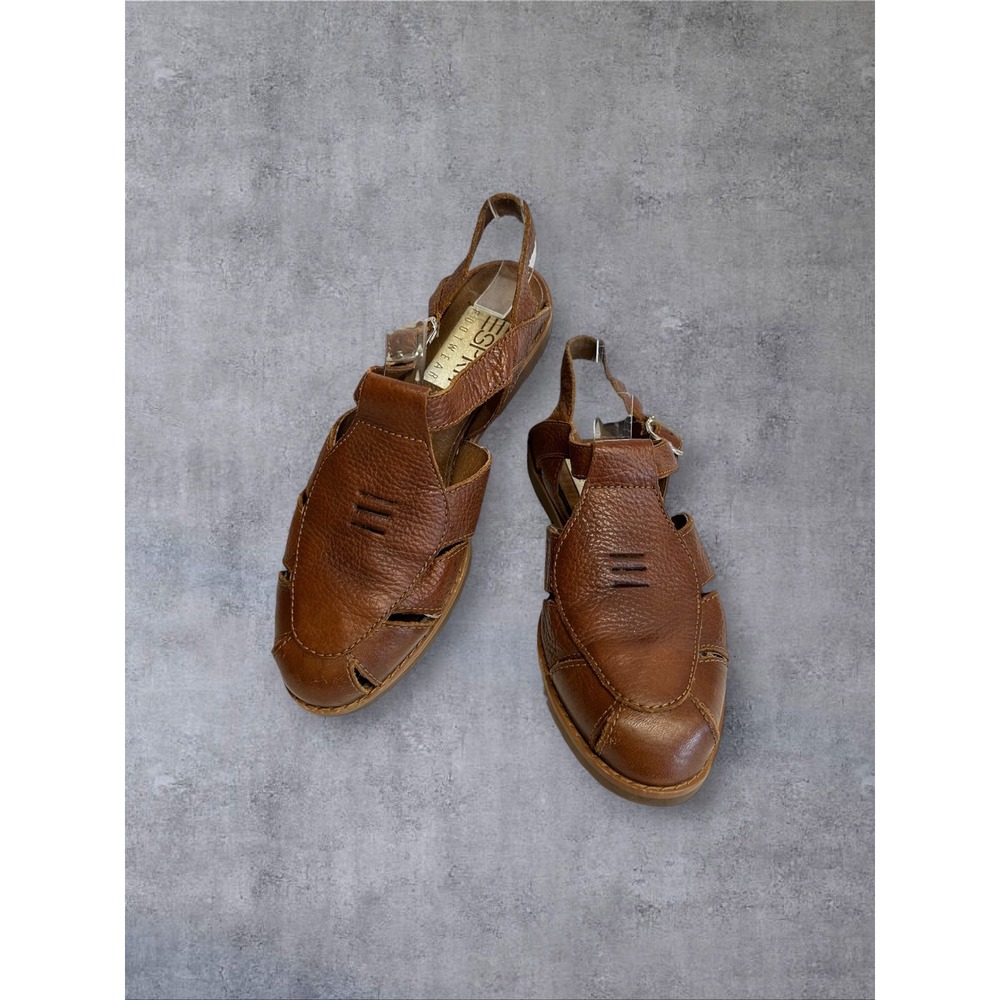 ESPRIT‎ Sandals Womens 5.5 Brown EUC Vintage Leather Fisherman Slingback Flat